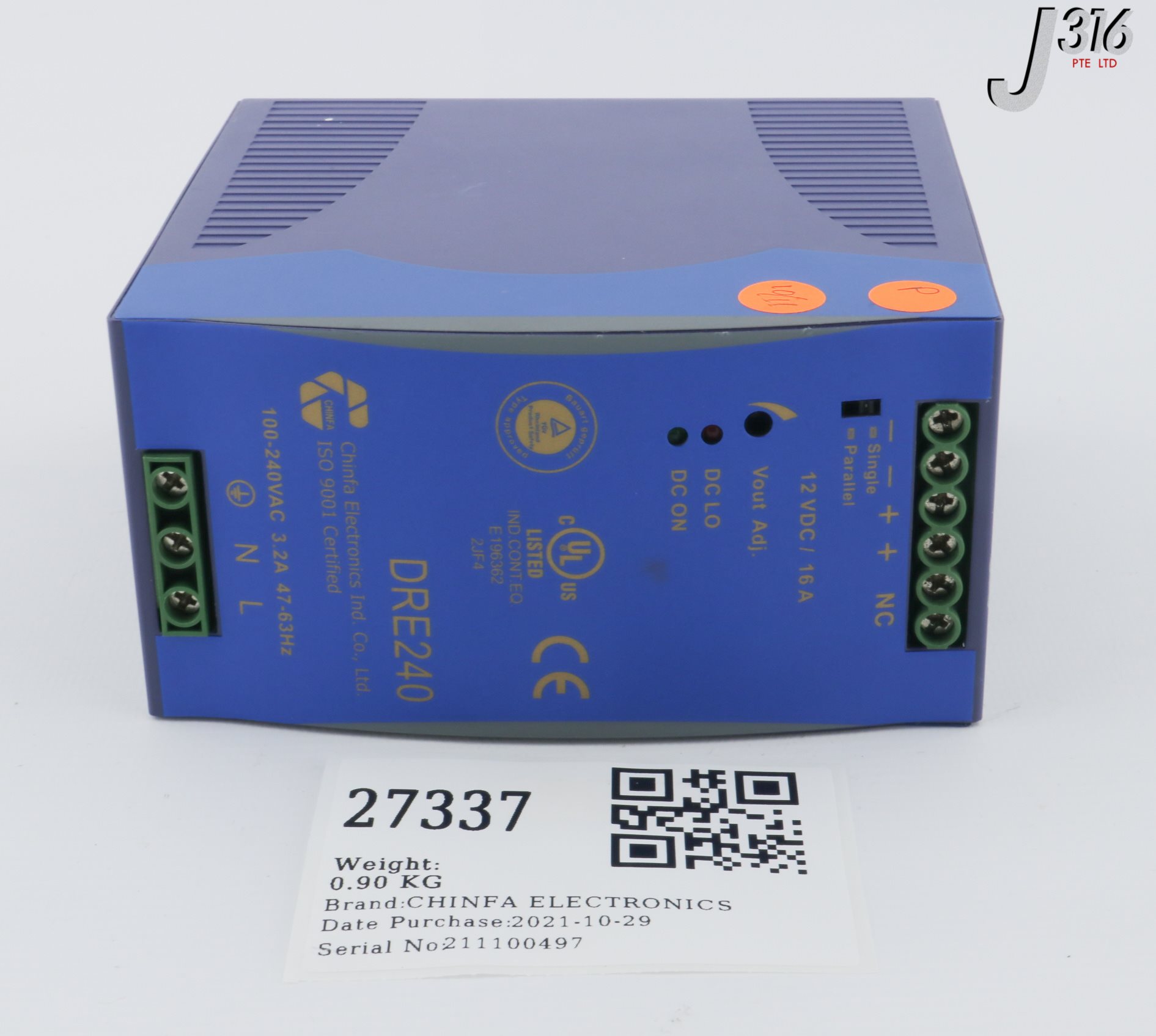 27337 CHINFA ELECTRONICS DRE240 POWER SUPPLY, 12VDC, 16A DRE240